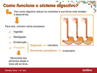 Como funciona o sistema digestivo?
Tem como objectivo reduzir os nutrientes à sua forma mais simples
e absorvê-los.

Para isso, ocorrem vários processos:


Ingestão



Mastigação

 Ensalivação
 Propulsão

Movimento dos
alimentos desde a
boca até ao ânus.
Planeta Terra — 9.º ano

Deglutição

voluntário

Movimentos peristálticos

involuntário

 