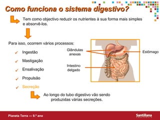 Como funciona o sistema digestivo?
Tem como objectivo reduzir os nutrientes à sua forma mais simples
e absorvê-los.

Para isso, ocorrem vários processos:



Glândulas
anexas

Ingestão
Mastigação

 Ensalivação

Intestino
delgado

 Propulsão
 Secreção
Ao longo do tubo digestivo vão sendo
produzidas várias secreções.

Planeta Terra — 9.º ano

Estômago

 