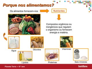 Porque nos alimentamos?
Os alimentos fornecem-nos

Nutrientes

Compostos orgânicos ou
inorgânicos que regulam
o organismo ou fornecem
energia e matéria.

Vitaminas

Glúcidos

Água

Lípidos
Planeta Terra — 9.º ano

Proteínas

Sais minerais

 