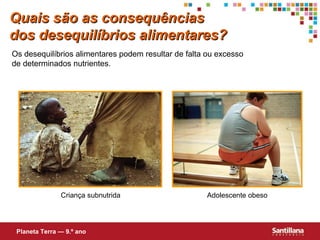Quais são as consequências
dos desequilíbrios alimentares?
Os desequilíbrios alimentares podem resultar de falta ou excesso
de determinados nutrientes.

Criança subnutrida

Planeta Terra — 9.º ano

Adolescente obeso

 