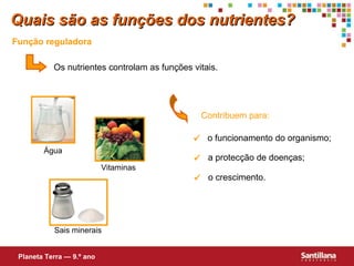 Quais são as funções dos nutrientes?
Função reguladora
Os nutrientes controlam as funções vitais.

Contribuem para:
 o funcionamento do organismo;
Água
Vitaminas

 a protecção de doenças;
 o crescimento.

Sais minerais
Planeta Terra — 9.º ano

 