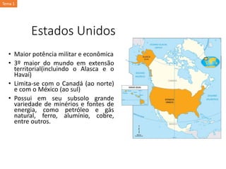 Estados Unidos
• Maior potência militar e econômica
• 3º maior do mundo em extensão
territorial(incluindo o Alasca e o
Havaí)
• Limita-se com o Canadá (ao norte)
e com o México (ao sul)
• Possui em seu subsolo grande
variedade de minérios e fontes de
energia, como petróleo e gás
natural, ferro, alumínio, cobre,
entre outros.
Tema 1
 