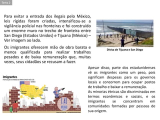 Para evitar a entrada dos ilegais pelo México,
leis rígidas foram criadas, intensificou-se a
vigilância policial nas fronteiras e foi construído
um enorme muro no trecho de fronteira entre
San Diego (Estados Unidos) e Tijuana (México) –
Ver imagem ao lado.
Os imigrantes oferecem mão de obra barata e
menos qualificada para realizar trabalhos
pesados e de baixa remuneração que, muitas
vezes, seus cidadãos se recusam a fazer.
Divisa de Tijuana e San Diego
Apesar disso, parte dos estadunidenses
vê os imigrantes como um peso, pois
significam despesas para os governos
locais e concorrem para ocupar postos
de trabalho e baixar a remuneração.
As minorias étnicas são discriminadas em
termos econômicos e sociais, e os
imigrantes se concentram em
comunidades formadas por pessoas de
sua origem.
Tema 2
 