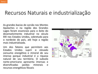 Recursos Naturais e industrialização
As grandes bacias de carvão nos Montes
Apalaches e na região dos Grandes
Lagos foram essenciais para o êxito do
desenvolvimento industrial no século
XIX nos Estados Unidos, sobretudo para
o nordeste do país, até hoje a região
mais industrializada.
Um dos fatores que permitem aos
Estados Unidos suprir o elevado
consumo energético e mineral de seu
imenso parque industrial é a riqueza
natural de seu território. O subsolo
norte-americano apresenta imensas e
diversificadas jazidas minerais e
recursos energéticos fósseis
Tema 1
 