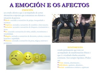 A EMOCIÓN E OS AFECTOSA EMOCIÓN E OS AFECTOS
EMOCIÓN
un estado afectivo que é acompañado de certas
alteracións corporais que comunican aos demais a
situación da persoa:
Medo: asociada a sensacións de perigo, inseguridade e
incerteza.
Sorpresa: asociada a sensacións de asombro e desconcerto.
Aversión: asociada a sensacións de desgusto, rexeitamento e
noxo.
Ira: asociada a sensacións de rabia, enfado, resentimento e
irritabilidade.
Alegría: asociada a sensacións de diversión, euforia, contento,
benestar e seguridade.
Tristura: asociada a sensacións de pena, mágoa, malestar e
pesimismo.
SENTIMENTO
estado permanente que non vai
acompañado de manifestacións físicas e
que é o resultado dunha emoción
constante. Son sempre bipolares. Poden
ser
Vitais: tristura, aburrimento...
Individuais: egoísmo, altruísmo..
Sociais: sentimentos estéticos, espirituais
 
