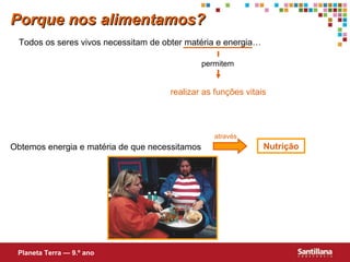 Porque nos alimentamos? Todos os seres vivos necessitam de obter matéria e energia… realizar as funções vitais Obtemos energia e matéria de que necessitamos Nutrição Planeta Terra — 9.º ano permitem através 