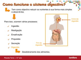 Tem como objectivo reduzir os nutrientes à sua forma mais simples e absorvê-los. Para isso, ocorrem vários processos:      Ingestão Mastigação Ensalivação Propulsão Secreção Desdobramento dos alimentos. Início da digestão Fim da digestão Como funciona o sistema digestivo? Planeta Terra — 9.º ano  Digestão 