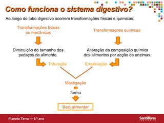 Ao longo do tubo digestivo ocorrem transformações físicas e químicas. Transformações físicas ou mecânicas Transformações químicas Diminuição do tamanho dos pedaços de alimento. Alteração da composição química dos alimentos por acção de enzimas. Trituração Ensalivação Mastigação Bolo alimentar Como funciona o sistema digestivo? Planeta Terra — 9.º ano forma 