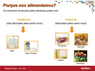 Os nutrientes fornecidos pelos alimentos podem ser: Inorgânicos Orgânicos (fabricados pelos seres vivos) (não fabricados pelos seres vivos) Porque nos alimentamos? Planeta Terra — 9.º ano Sais minerais Vitaminas Glúcidos Proteínas Lípidos Água  