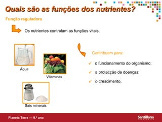 Função reguladora Os nutrientes controlam as funções vitais. Contribuem para: Quais são as funções dos nutrientes? Planeta Terra — 9.º ano  o funcionamento do organismo;  a protecção de doenças;  o crescimento. Água Sais minerais Vitaminas 