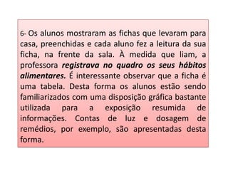 6- Os alunos mostraram as fichas que levaram para
casa, preenchidas e cada aluno fez a leitura da sua
ficha, na frente da sala. À medida que liam, a
professora registrava no quadro os seus hábitos
alimentares. É interessante observar que a ficha é
uma tabela. Desta forma os alunos estão sendo
familiarizados com uma disposição gráfica bastante
utilizada para a exposição resumida de
informações. Contas de luz e dosagem de
remédios, por exemplo, são apresentadas desta
forma.
 