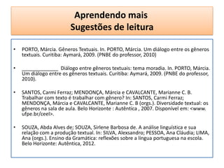 Aprendendo mais
Sugestões de leitura
• PORTO, Márcia. Gêneros Textuais. In. PORTO, Márcia. Um diálogo entre os gêneros
textuais. Curitiba: Aymará, 2009. (PNBE do professor, 2010)
• _____________ Diálogo entre gêneros textuais: tema moradia. In. PORTO, Márcia.
Um diálogo entre os gêneros textuais. Curitiba: Aymará, 2009. (PNBE do professor,
2010).
• SANTOS, Carmi Ferraz; MENDONÇA, Márcia e CAVALCANTE, Marianne C. B.
Trabalhar com texto é trabalhar com gênero? In: SANTOS, Carmi Ferraz;
MENDONÇA, Márcia e CAVALCANTE, Marianne C. B (orgs.). Diversidade textual: os
gêneros na sala de aula. Belo Horizonte : Autêntica , 2007. Disponível em: <www.
ufpe.br/ceel>.
• SOUZA, Abda Alves de; SOUZA, Sirlene Barbosa de. A análise linguística e sua
relação com a produção textual. In: SILVA, Alexsandro; PESSOA, Ana Cláudia; LIMA,
Ana (orgs.). Ensino da Gramática: reflexões sobre a língua portuguesa na escola.
Belo Horizonte: Autêntica, 2012.
 