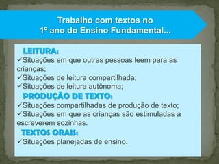 Trabalho com textos no
1º ano do Ensino Fundamental...
LEITURA:
Situações em que outras pessoas leem para as
crianças;
Situações de leitura compartilhada;
Situações de leitura autônoma;

PRODUÇÃO DE TEXTO:
Situações compartilhadas de produção de texto;
Situações em que as crianças são estimuladas a
escreverem sozinhas.

TEXTOS ORAIS:
Situações planejadas de ensino.

 