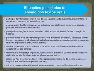 Situações planejadas de
ensino dos textos orais

 