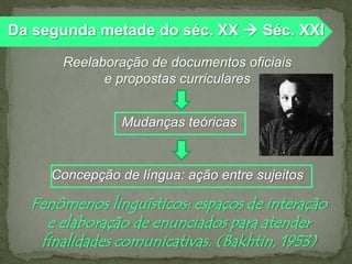 Da segunda metade do séc. XX  Séc. XXI
Reelaboração de documentos oficiais
e propostas curriculares

Mudanças teóricas

Concepção de língua: ação entre sujeitos

Fenômenos linguísticos: espaços de interação
e elaboração de enunciados para atender
finalidades comunicativas. (Bakhtin, 1953)

 