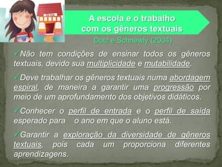 A escola e o trabalho
com os gêneros textuais
Dolz e Schnewly (2004)

Não tem condições de ensinar todos os gêneros
textuais, devido sua multiplicidade e mutabilidade.
Deve trabalhar os gêneros textuais numa abordagem
espiral, de maneira a garantir uma progressão por
meio de um aprofundamento dos objetivos didáticos.
Conhecer o perfil de entrada e o perfil de saída
esperado para o ano em que o aluno está.
Garantir a exploração da diversidade de gêneros
textuais, pois cada um proporciona diferentes
aprendizagens.

 