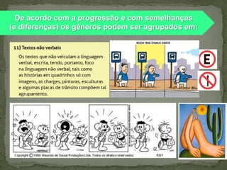 De acordo com a progressão e com semelhanças
(e diferenças) os gêneros podem ser agrupados em:

 