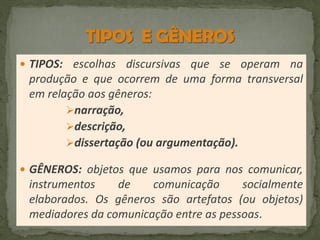  TIPOS: escolhas discursivas que se operam na

produção e que ocorrem de uma forma transversal
em relação aos gêneros:
narração,
descrição,
dissertação (ou argumentação).
 GÊNEROS: objetos que usamos para nos comunicar,

instrumentos
de
comunicação
socialmente
elaborados. Os gêneros são artefatos (ou objetos)
mediadores da comunicação entre as pessoas.

 