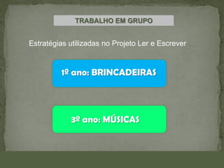 TRABALHO EM GRUPO

Estratégias utilizadas no Projeto Ler e Escrever

1º ano: BRINCADEIRAS

3º ano: MÚSICAS

 