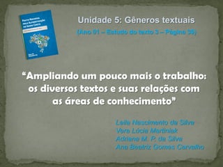 Unidade 5: Gêneros textuais
(Ano 01 – Estudo do texto 3 – Página 30)

“Ampliando um pouco mais o trabalho:
os diversos textos e suas relações com
as áreas de conhecimento”
Leila Nascimento da Silva
Vera Lúcia Martiniak
Adriana M. P. da Silva
Ana Beatriz Gomes Carvalho

 