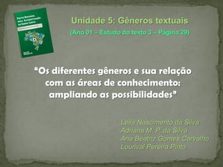 Unidade 5: Gêneros textuais
(Ano 01 – Estudo do texto 3 – Página 29)

“Os diferentes gêneros e sua relação
com as áreas de conhecimento:
ampliando as possibilidades”
Leila Nascimento da Silva
Adriana M. P. da Silva
Ana Beatriz Gomes Carvalho
Lourival Pereira Pinto

 