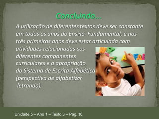 Concluindo...
A utilização de diferentes textos deve ser constante
em todos os anos do Ensino Fundamental, e nos
três primeiros anos deve estar articulada com
atividades relacionadas aos
diferentes componentes
curriculares e a apropriação
do Sistema de Escrita Alfabética
(perspectiva de alfabetizar
letrando).

Unidade 5 – Ano 1 – Texto 3 – Pág. 30.

 