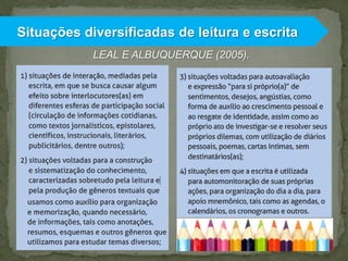Situações diversificadas de leitura e escrita
LEAL E ALBUQUERQUE (2005).

 