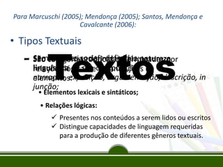 Para Marcuschi (2005); Mendonça (2005); Santos, Mendonça e
Cavalcante (2006):

• Tipos Textuais

Textos

Semcategorias definidas pela natureza
funções sociais definidas;
– São sequênciasteóricas determinadas por
linguística da sua composição: de
relações lógicas e organizações
narração, exposição, argumentação, descrição, in
elementos:
junção;
• Elementos lexicais e sintáticos;
• Relações lógicas:
 Presentes nos conteúdos a serem lidos ou escritos
 Distingue capacidades de linguagem requeridas
para a produção de diferentes gêneros textuais.

 