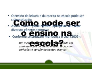 • O ensino da leitura e da escrita na escola pode ser
sistematizado;

Como pode ser
o ensino e Leal (2005):
• Conforme sinstetizam Mendonça na
escola?

• Assim o aluno pode refletir, apropriar-se e usar
diversos gêneros textuais;

Um mesmo gênero pode ser trabalhado em
anos escolares ou até na mesma série, com
variações e aprofundamentos diversos.

 