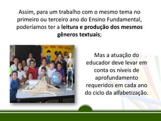 Assim, para um trabalho com o mesmo tema no
primeiro ou terceiro ano do Ensino Fundamental,
poderíamos ter a leitura e produção dos mesmos
gêneros textuais;
Mas a atuação do
educador deve levar em
conta os níveis de
aprofundamento
requeridos em cada ano
do ciclo da alfabetização.

 