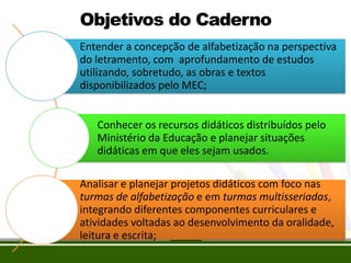 Objetivos do Caderno
Entender a concepção de alfabetização na perspectiva
do letramento, com aprofundamento de estudos
utilizando, sobretudo, as obras e textos
disponibilizados pelo MEC;
Conhecer os recursos didáticos distribuídos pelo
Ministério da Educação e planejar situações
didáticas em que eles sejam usados.

Analisar e planejar projetos didáticos com foco nas
turmas de alfabetização e em turmas multisseriadas,
integrando diferentes componentes curriculares e
atividades voltadas ao desenvolvimento da oralidade,
leitura e escrita;

 