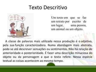 Texto Descritivo
Um texto em  que  se  faz 
um retrato por  escrito  de 
um lugar, 
uma pessoa, 
um animal ou um objeto.

A classe de palavras mais utilizada nessa produção é o adjetivo,
pela sua função caracterizadora. Numa abordagem mais abstrata,
pode-se até descrever sensações ou sentimentos. Não há relação de
anterioridade e posterioridade. É fazer uma descrição minuciosa do
objeto ou da personagem a que o texto refere. Nessa espécie
textual as coisas acontecem ao mesmo tempo.

 