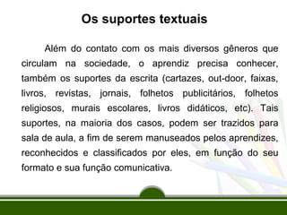 Os suportes textuais
Além do contato com os mais diversos gêneros que
circulam na sociedade, o aprendiz precisa conhecer,
também os suportes da escrita (cartazes, out-door, faixas,
livros, revistas, jornais, folhetos publicitários, folhetos
religiosos, murais escolares, livros didáticos, etc). Tais
suportes, na maioria dos casos, podem ser trazidos para
sala de aula, a fim de serem manuseados pelos aprendizes,
reconhecidos e classificados por eles, em função do seu
formato e sua função comunicativa.

 