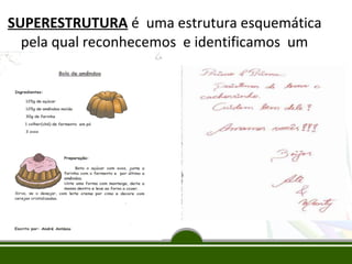 SUPERESTRUTURA é uma estrutura esquemática
pela qual reconhecemos e identificamos um
gênero

 