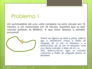 Problema 1
Um automobilista dá uma volta completa na pista circular em 12
minutos, e um motociclista em 18 minutos. Suponha que os dois
veículos partiram às 8h00min. A que horas teremos o primeiro
encontro?
Temos na figura ao lado a pista. Sabe-se
que o automóvel cruza a linha de
chegada de 12 em 12 minutos, e a
motocicleta, de 18 em 18 minutos. Com
isso, basta calcular o mmc de 18 e 12.
Daí, mmc(12,18)=36. logo, os veículos
cruzarão a linha de chegada juntos às
8h36min
 