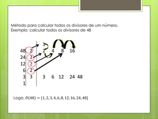 Método para calcular todos os divisores de um número.
Exemplo: calcular todos os divisores de 48
1
48 2 2 4 8 16
24 2
12 2
6 2
3 3 3 6 12 24 48
1
/
/
/
/
/
/
/
 