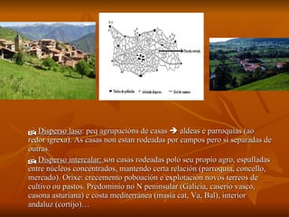    Disperso laso : peq agrupacións de casas    aldeas e parroquias (ao redor igrexa). As casas non estan rodeadas por campos pero si separadas de outras.    Disperso intercalar:  son casas rodeadas polo seu propio agro, espalladas entre núcleos concentrados, mantendo certa relación (parroquia, concello, mercado). Orixe: crecemento poboación e explotación novos terreos de cultivo ou pastos. Predominio no N peninsular (Galicia, caserío vasco, casona asturiana) e costa mediterránea (masía cat, Va, Bal), interior andaluz (cortijo)… 