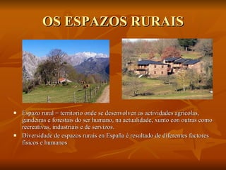 OS ESPAZOS RURAIS Espazo rural = territorio onde se desenvolven as actividades agrícolas, gandeiras e forestais do ser humano, na actualidade, xunto con outras como recreativas, industriais e de servizos. Diversidade de espazos rurais en España é resultado de diferentes factores físicos e humanos 