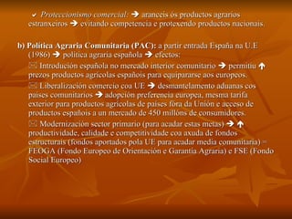      Proteccionismo comercial:    aranceis ós productos agrarios estranxeiros    evitando competencia e protexendo productos nacionais. b) Política Agraria Comunitaria (PAC):  a partir entrada España na U.E (1986)    política agraria española    efectos:    Introdución española no mercado interior comunitario    permitiu    prezos productos agrícolas españois para equipararse aos europeos.    Liberalización comercio coa UE    desmantelamento aduanas cos paises comunitarios   adopción preferencia europea, mesma tarifa exterior para productos agrícolas de países fóra da Unión e acceso de productos españois a un mercado de 450 millóns de consumidores.    Modernización sector primario (para acadar estas metas)       productividade, calidade e competitividade coa axuda de fondos estructurais (fondos aportados pola UE para acadar media comunitaria) = FEOGA (Fondo Europeo de Orientación e Garantía Agraria) e FSE (Fondo Social Europeo) 