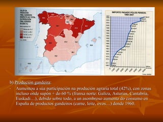 b)  Produción gandeira :  Aumentou a súa participación na produción agraria total (42%), con zonas incluso onde supón + do 60 % (franxa norte: Galiza, Asturias, Cantabria, Euskadi…), debido sobre todo, a un asombroso aumento do consumo en España de productos gandeiros (carne, leite, ovos…) dende 1960. 