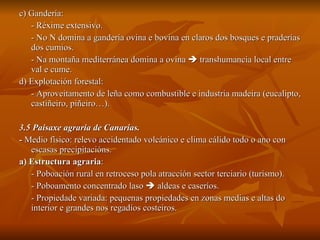 c) Gandería: - Réxime extensivo. - No N domina a gandería ovina e bovina en claros dos bosques e praderías dos cumios. - Na montaña mediterránea domina a ovina    transhumancia local entre val e cume. d) Explotación forestal: - Aproveitamento de leña como combustible e industria madeira (eucalipto, castiñeiro, piñeiro…). 3.5 Paisaxe agraria de Canarias. -  Medio físico: relevo accidentado volcánico e clima cálido todo o ano con escasas precipitacións. a) Estructura agraria :  - Poboación rural en retroceso pola atracción sector terciario (turismo). - Poboamento concentrado laso    aldeas e caseríos. - Propiedade variada: pequenas propiedades en zonas medias e altas do interior e grandes nos regadíos costeiros. 