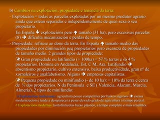 b)  Cambios na explotación, propiedade e tenencia da terra:  -  Explotación = todas as parcelas explotadas por un mesmo produtor agrario ainda que estean separadas e independentemente de quen sexa o seu propietario. En España    explotacións pero    tamaño (31 ha), pero excesivas parcelas (8)    dificulta mecanización e perdas de tempo. - Propiedade: refírese ao dono da terra. En España    tamaño medio das propiedades por diminución peq propietarios pero escaseza de propiedades de tamaño medio. 2 grandes tipos de propiedade:    Gran propiedade ou latifundio (+ 100ha) = 57 % terras e só 4 % propietarios. Domina en Andalucía, Est, C M, Ara. Latifundio    absentismo propietario, cultivo extensivo, baixa productividade, gran nº de xornaleiros e analfabetismo. Algúns    empresas capitalistas.    Pequena propiedade ou minifundio (- de 10 ha): = 10% da terra e cerca de  ⅔ dos propietarios. N da Península  e SE ( Valencia, Alacant, Murcia, Almería). 2 tipos de minifundio:     Explotacións tradicionais:  agricultura pouco competitiva por baixos ingresos    escasa modernización e tende a desaparecer a pesar elevado grado de agricultura a tiempo parcial.   Explotacións modernas:  hortofrutícolas baixo plástico, a tempo completo e máis rendibles.   