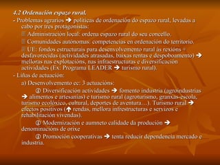 4.2 Ordenación espazo rural. -  Problemas agrarios    políticas de ordenación do espazo rural, levadas a cabo por tres protagonistas:    Administración local: ordena espazo rural do seu concello.    Comunidades autónomas: competencias en ordenación do territorio.    UE: fondos estructurais para desenvolvemento rural ás rexións + desfavorecidas (actividades atrasadas, baixas rentas e despoboamento)    melloras nas explotacións, nas infraestructuras e diversificación actividades (Ex: Programa LEADER    turismo rural). - Liñas de actuación: a) Desenvolvemento ec: 3 actuacións:    Diversificación actividades    fomento industria (agroindustrias    alimentos e artesanías) e turismo rural (agroturismo, granxas-escola, turismo ecolóxico, cultural, deportes de aventura…). Turismo rural    efectos positivos (   rendas, mellora infrestructuras e servizos e rehabilitación vivendas).    Modernización e aumneto calidade da produción    denominacións de orixe    Promoción cooperativas    tenta reducir dependencia mercado e industria. 