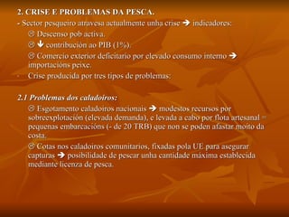 2. CRISE E PROBLEMAS DA PESCA. -  Sector pesqueiro atravesa actualmente unha crise    indicadores:    Descenso pob activa.       contribución ao PIB (1%).    Comercio exterior deficitario por elevado consumo interno    importacións peixe. Crise producida por tres tipos de problemas: 2.1 Problemas dos caladoiros:    Esgotamento caladoiros nacionais    modestos recursos por sobreexplotación (elevada demanda), e levada a cabo por flota artesanal = pequenas embarcacións (- de 20 TRB) que non se poden afastar moito da costa.    Cotas nos caladoiros comunitarios, fixadas pola UE para asegurar capturas    posibilidade de pescar unha cantidade máxima establecida mediante licenza de pesca.  