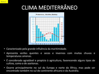 CLIMA MEDITERRÂNEO
• Caracterizado pela grande influência da maritimidade.
• Apresenta verões quentes e secos e invernos com muitas chuvas e
temperaturas amenas.
• É considerado agradável e propício à agricultura, favorecendo alguns tipos de
cultivo, como o de azeitonas.
• Ocorre principalmente no sul da Europa e norte da África, mas pode ser
encontrado também no sul do continente africano e da Austrália.
Verão
Invern
o
Invern
o
Tema 2
 