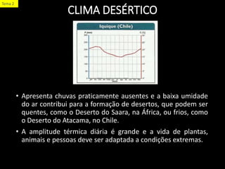 CLIMA DESÉRTICO
• Apresenta chuvas praticamente ausentes e a baixa umidade
do ar contribui para a formação de desertos, que podem ser
quentes, como o Deserto do Saara, na África, ou frios, como
o Deserto do Atacama, no Chile.
• A amplitude térmica diária é grande e a vida de plantas,
animais e pessoas deve ser adaptada a condições extremas.
Tema 2
 