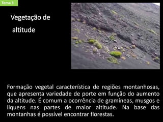 Vegetação de
altitude
Formação vegetal característica de regiões montanhosas,
que apresenta variedade de porte em função do aumento
da altitude. É comum a ocorrência de gramíneas, musgos e
liquens nas partes de maior altitude. Na base das
montanhas é possível encontrar florestas.
Tema 3
 