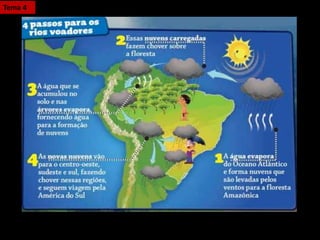 Com o aumento no ritmo do desmatamento, há alterações nos rios voadores e
consequentemente no clima da Terra
Tema 4
 