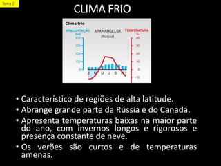 CLIMA FRIO
• Característico de regiões de alta latitude.
• Abrange grande parte da Rússia e do Canadá.
• Apresenta temperaturas baixas na maior parte
do ano, com invernos longos e rigorosos e
presença constante de neve.
• Os verões são curtos e de temperaturas
amenas.
Tema 2
 