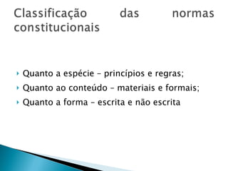 Quanto a espécie – princípios e regras; Quanto ao conteúdo – materiais e formais; Quanto a forma – escrita e não escrita 